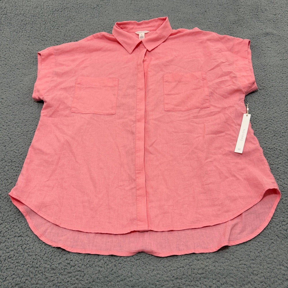 Caslon Button Down Shirt Women XL Pink Linen Blend Short Sleeve NWT New